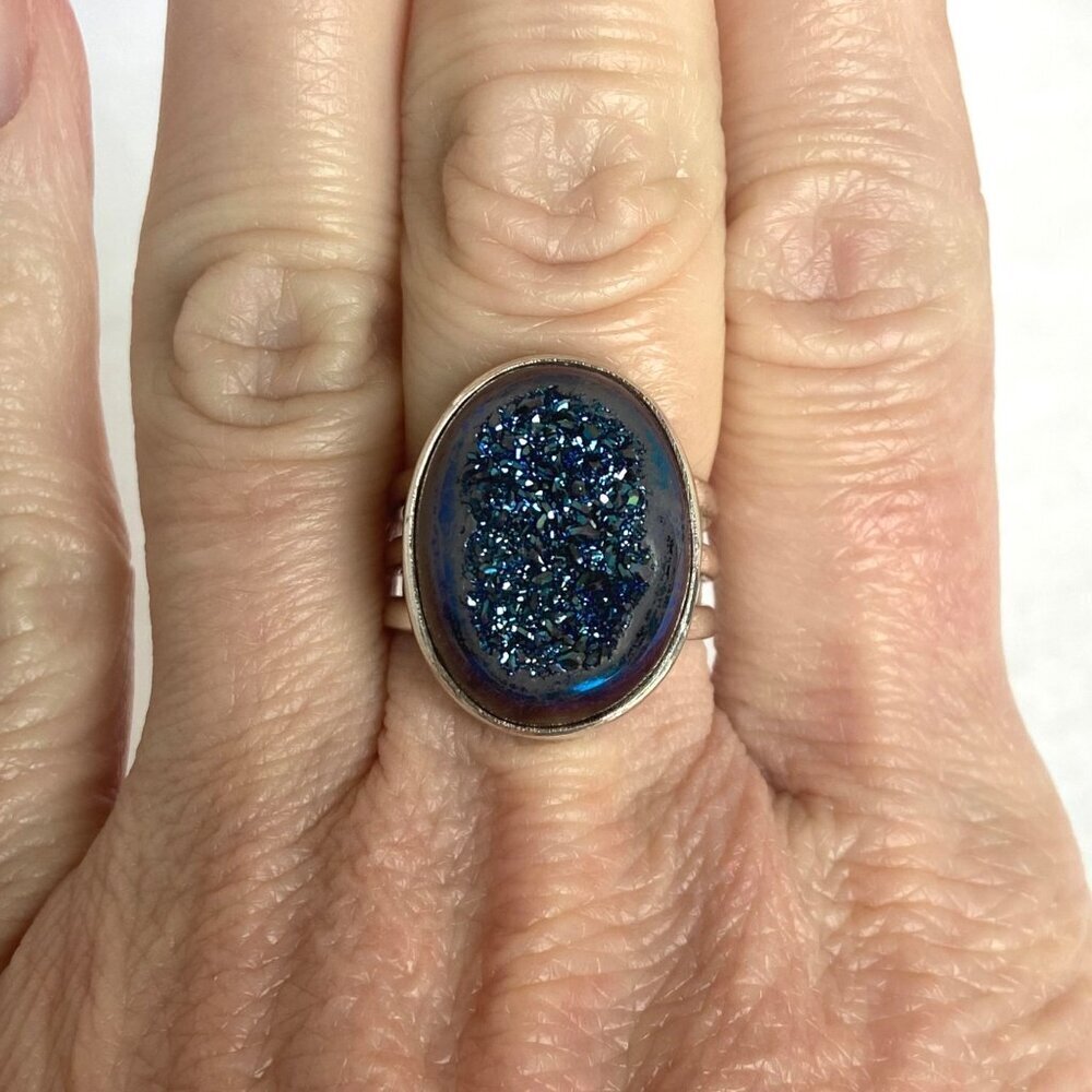 Sterling Silver 925 India Oval Blue Titanium Druzy Triple Band Ring Sz 7